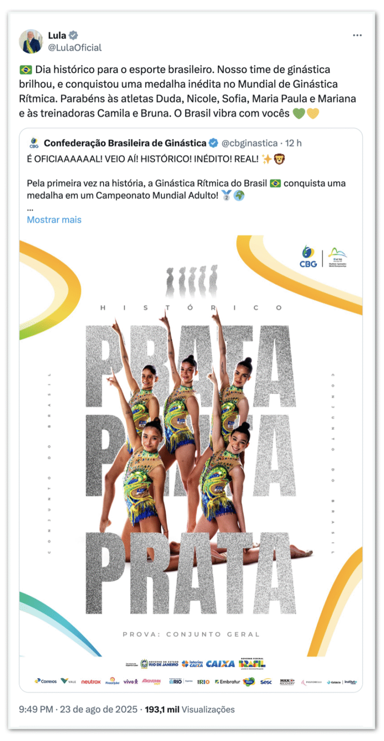 Lula celebra medalha inédita do Brasil na ginástica rítmica - Noticiário 24H
