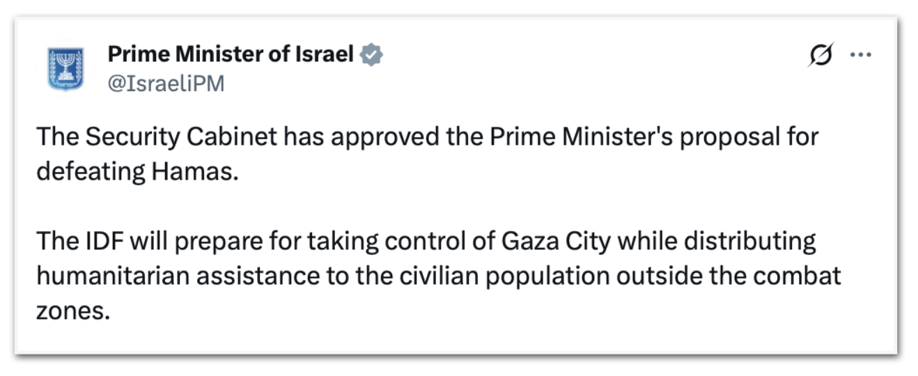 Mensagem do Gabinete de Segurança de Israel